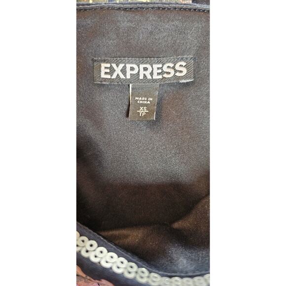 Express Pull On Mini Skirt Sequins Aztec Tribal Lined Purple Black Stretch XS 27 - Picture 3 of 3